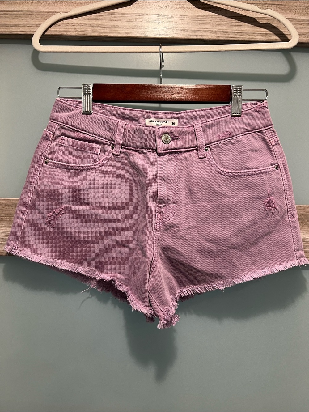 Green Coast | Women's Lavender High-Rise Distressed Denim Shorts